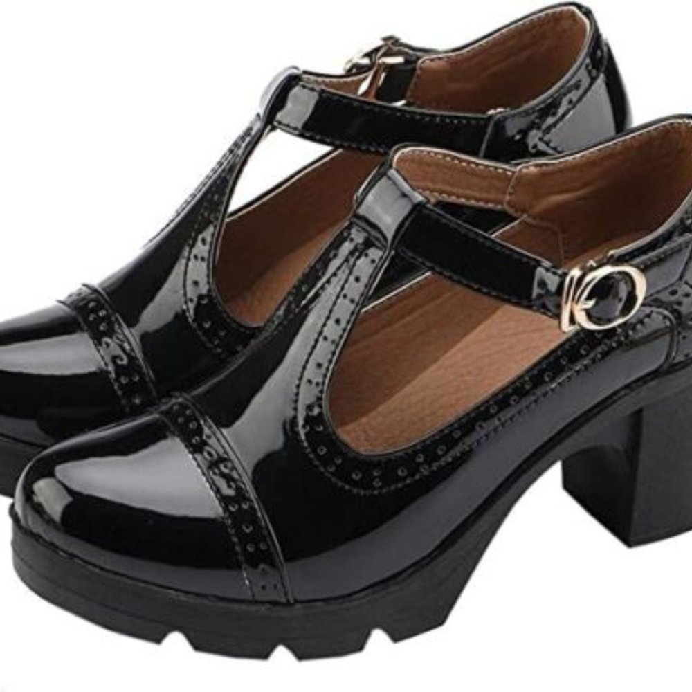 NWT Dadawen Classic T-Strap Platform Mid-Heel Square Toe Oxfords Dress Shoes 39